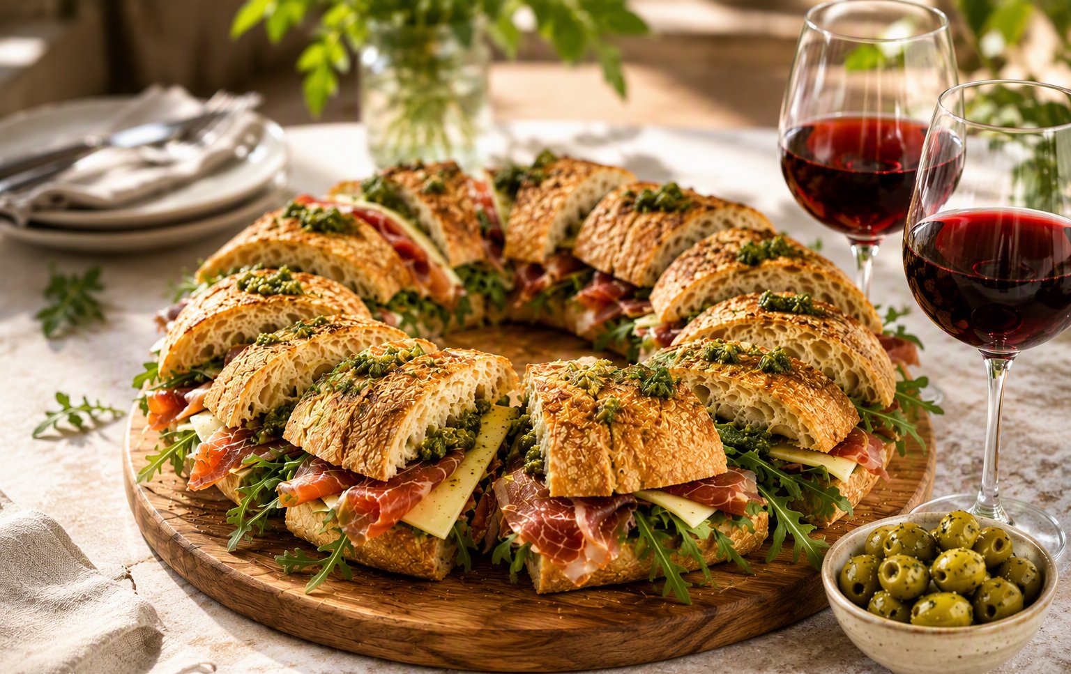 Rosca for Sharing - sourdough rosca with jamón serrano, aged cheese, pesto and rocket